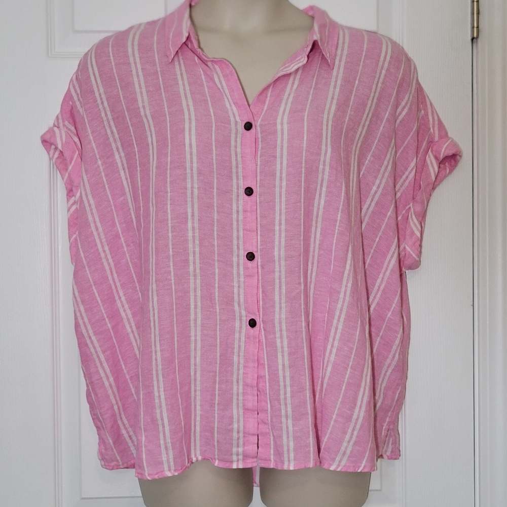 Sonoma Linen Blend Pink Stripe Camp Shirt Plus Size 2x - Picture 2 of 8